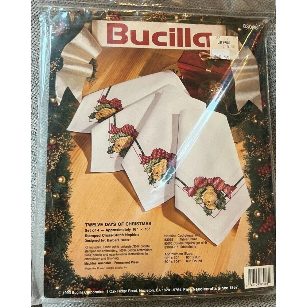 Bucilla 12 Days Of Christmas Stamped Cross Stitch Napkin Fabric New Holiday kit